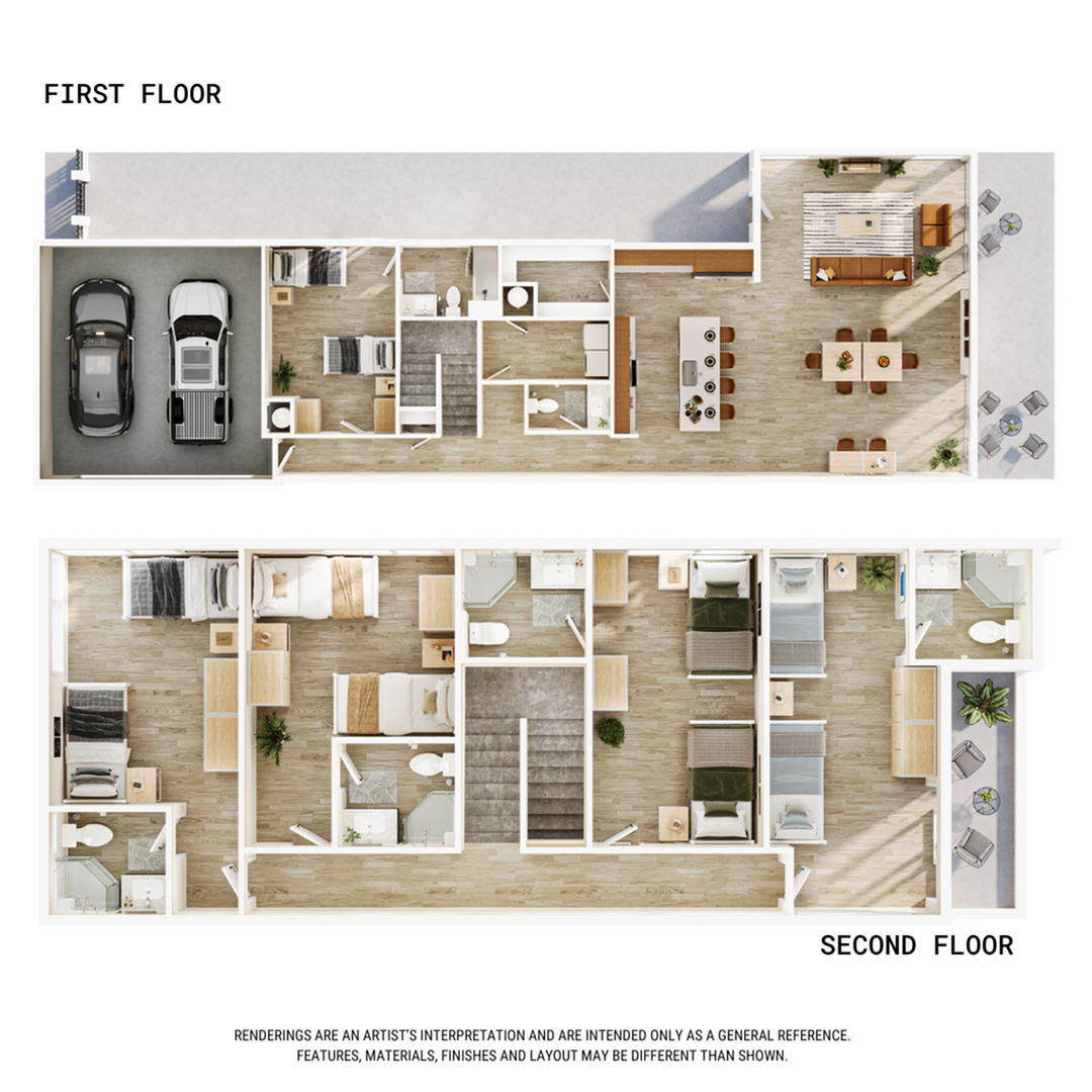 A 3D image of the 5BR/5.5BA – Coral floorplan, a 2708 squarefoot, 5 bed / 5.5 bath unit