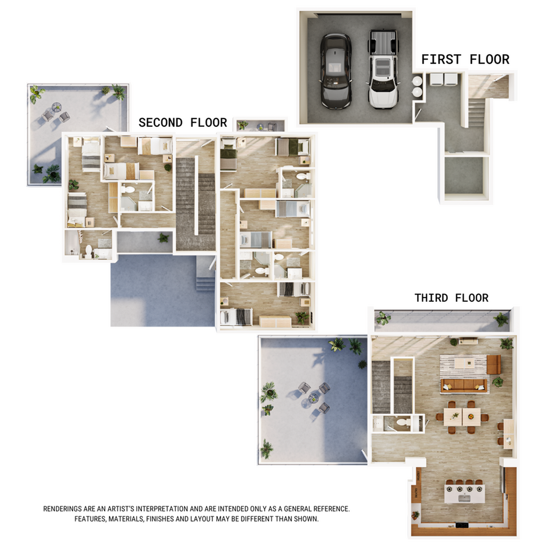 A 3D image of the 5BR/5.5BA – Driftwood floorplan, a 2634 squarefoot, 5 bed / 5.5 bath unit