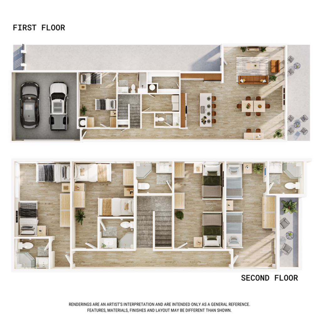 A 3D image of the 5BR/5.5BA – Coral floorplan, a 2708 squarefoot, 5 bed / 5.5 bath unit