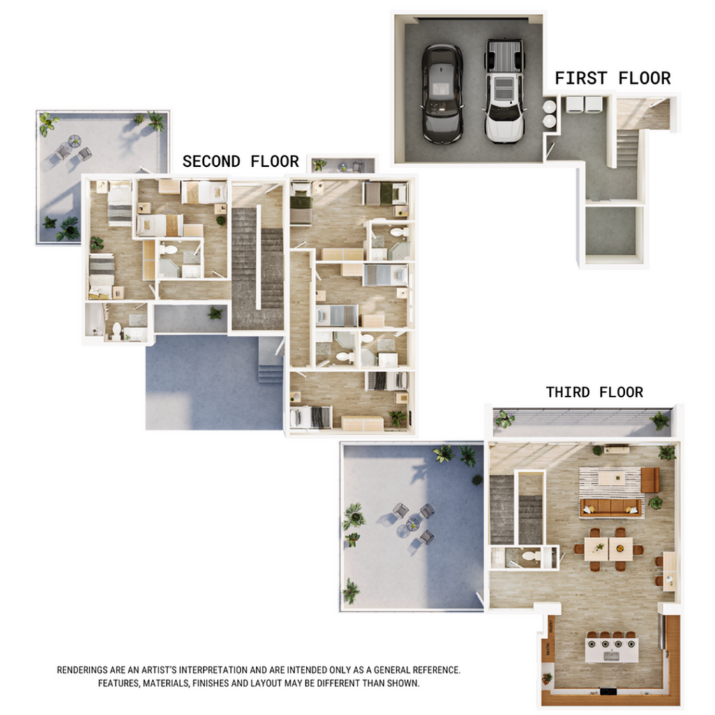 A 3D image of the 5BR/5.5BA – Driftwood floorplan, a 2634 squarefoot, 5 bed / 5.5 bath unit