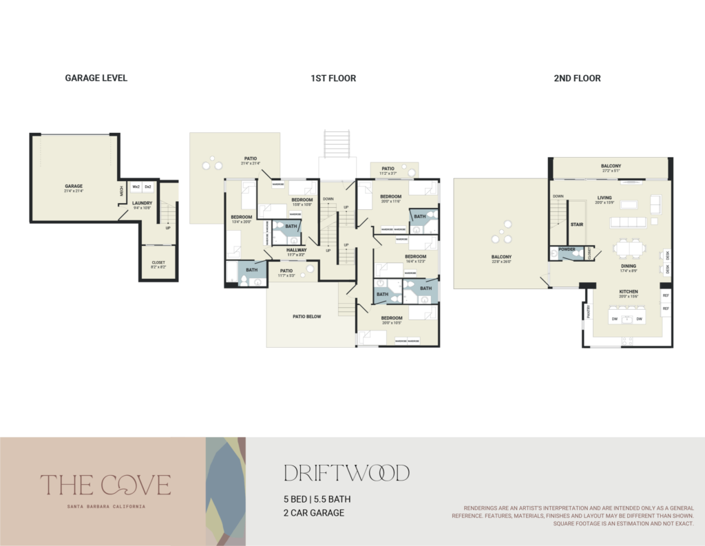 A 3D image of the 5BR/5.5BA – Driftwood floorplan, a 2634 squarefoot, 5 bed / 5.5 bath unit