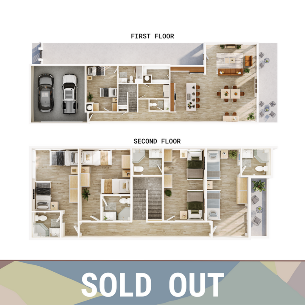 A 3D image of the 5BR/5.5BA – Coral floorplan, a 2708 squarefoot, 5 bed / 5.5 bath unit