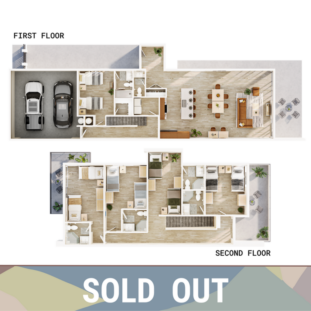 A 3D image of the 5BR/5.5BA – Harbor floorplan, a 2434 squarefoot, 5 bed / 5.5 bath unit