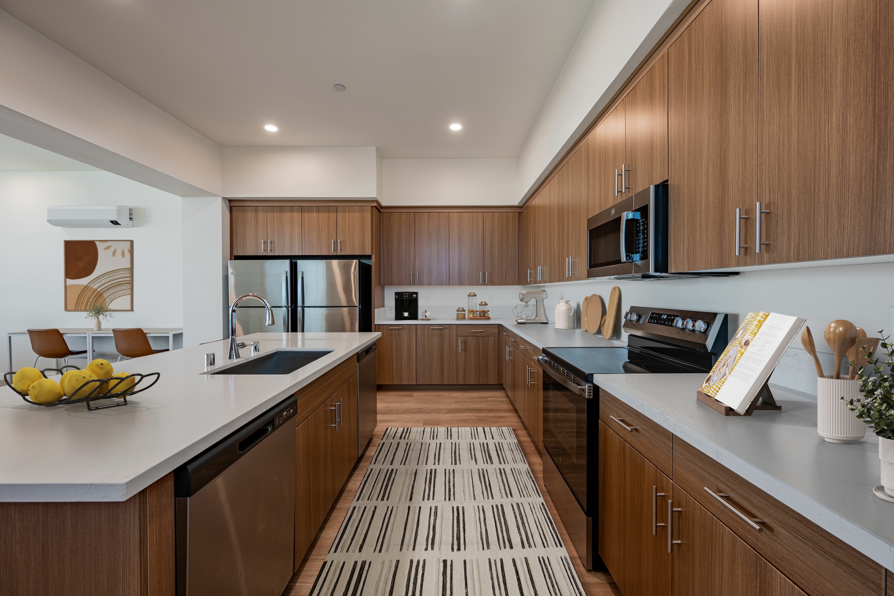 Luxury student apartment kitchen with custom cabinetry
